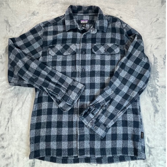 Patagonia Mens Organic Cotton Flannel Shirt Blue Grey Buffalo Check Sz Small - Picture 2 of 7